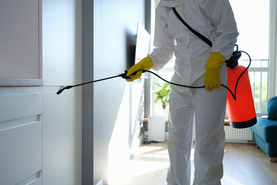 Experto en control de plagas con traje blanco de seguridad fumigando una habitación