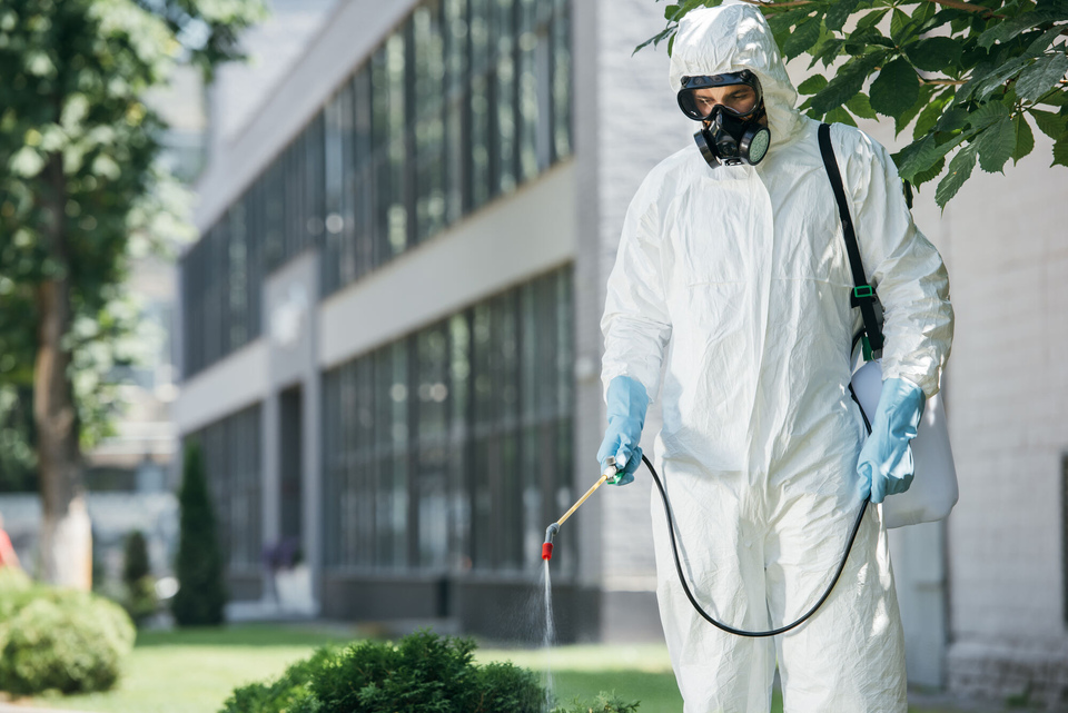 Experto en control de plagas con traje blanco de seguridad fumigando una planta en el exterior